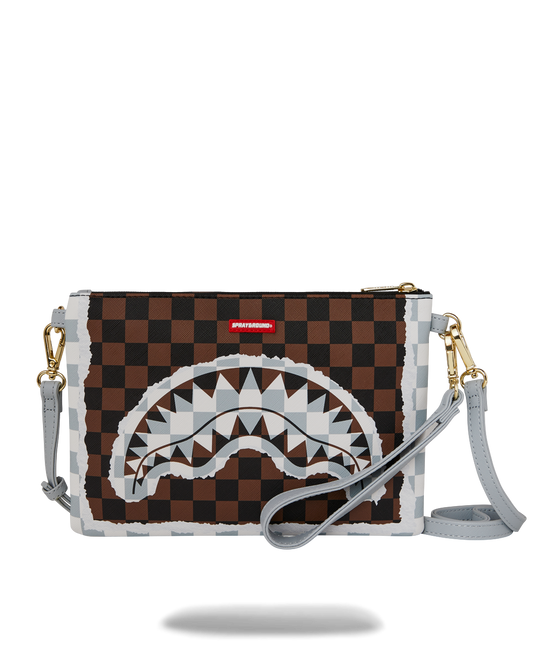 SPRAYGROUND® POUCHETTE CREAM AND BROWN TEAR CHECK CROSSOVER CLUTCH
