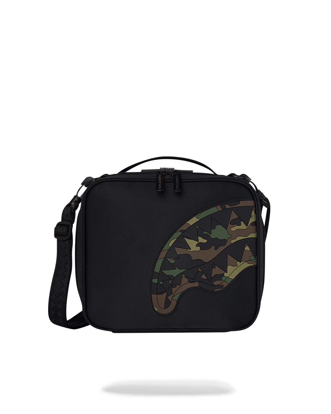 SPRAYGROUND® SNACK PACK SHARK CENTRAL BLACK NYLON CAMO EMBOSSED SHARK SNACKPACK