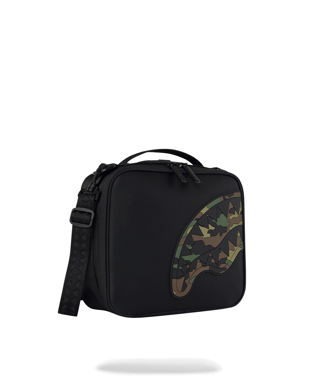 SPRAYGROUND® SNACK PACK SHARK CENTRAL BLACK NYLON CAMO EMBOSSED SHARK SNACKPACK