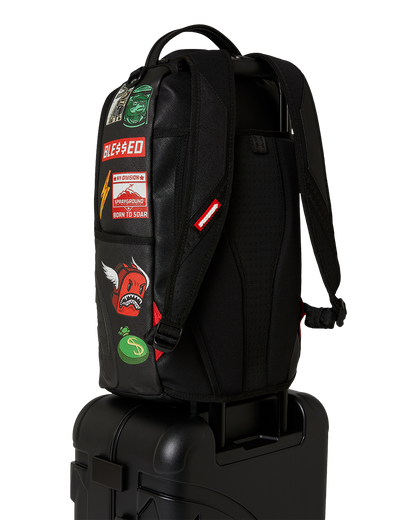 SPRAYGROUND® LUGGAGE CARGO PATCHES SHARKITECTURE CARRY-ON LUGGAGE BLACK WITH EXTRA STICKERS