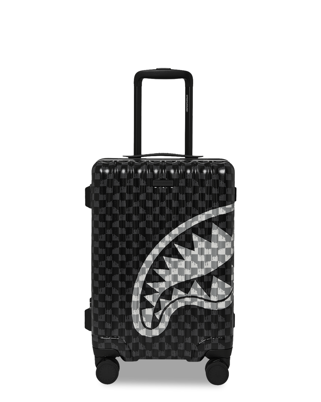 SPRAYGROUND® LUGGAGE BLACK AND WHITE DRIP CHECK SHARK CARRY-ON LUGGAGE