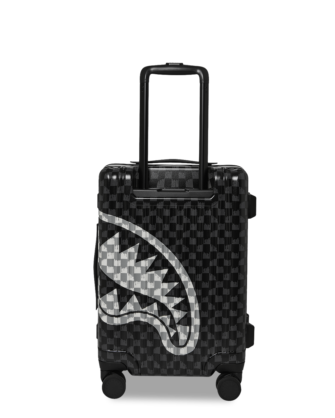 SPRAYGROUND® LUGGAGE BLACK AND WHITE DRIP CHECK SHARK CARRY-ON LUGGAGE
