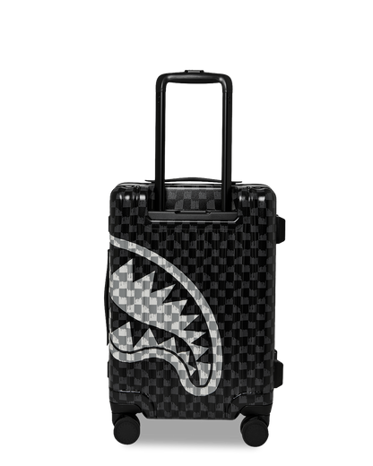 SPRAYGROUND® LUGGAGE BLACK AND WHITE DRIP CHECK SHARK CARRY-ON LUGGAGE