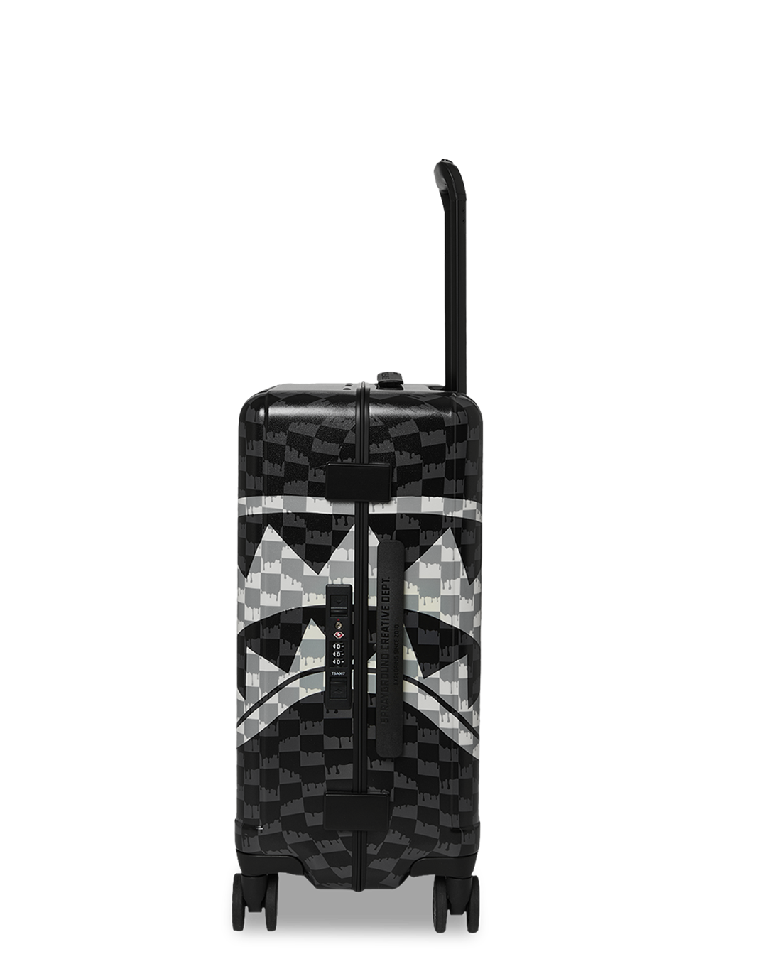 SPRAYGROUND® LUGGAGE BLACK AND WHITE DRIP CHECK SHARK CARRY-ON LUGGAGE