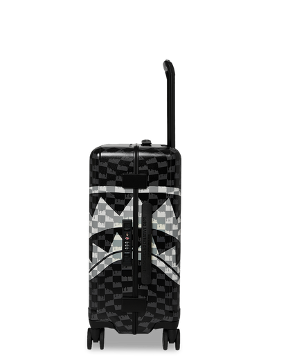 SPRAYGROUND® LUGGAGE BLACK AND WHITE DRIP CHECK SHARK CARRY-ON LUGGAGE