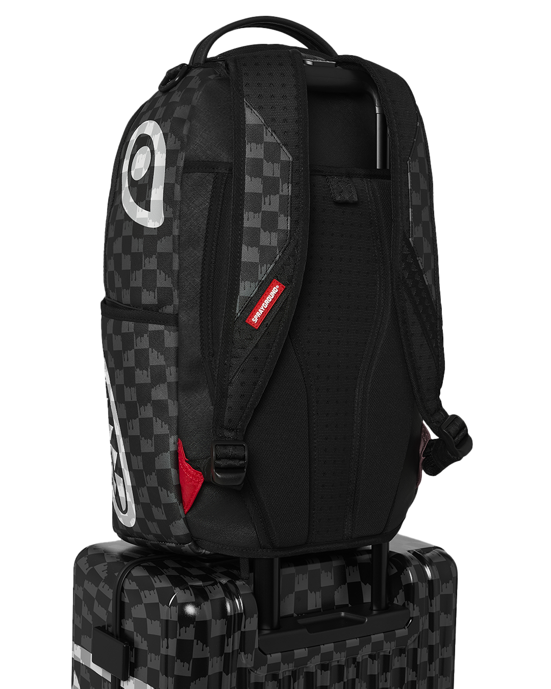 SPRAYGROUND® LUGGAGE BLACK AND WHITE DRIP CHECK SHARK CARRY-ON LUGGAGE