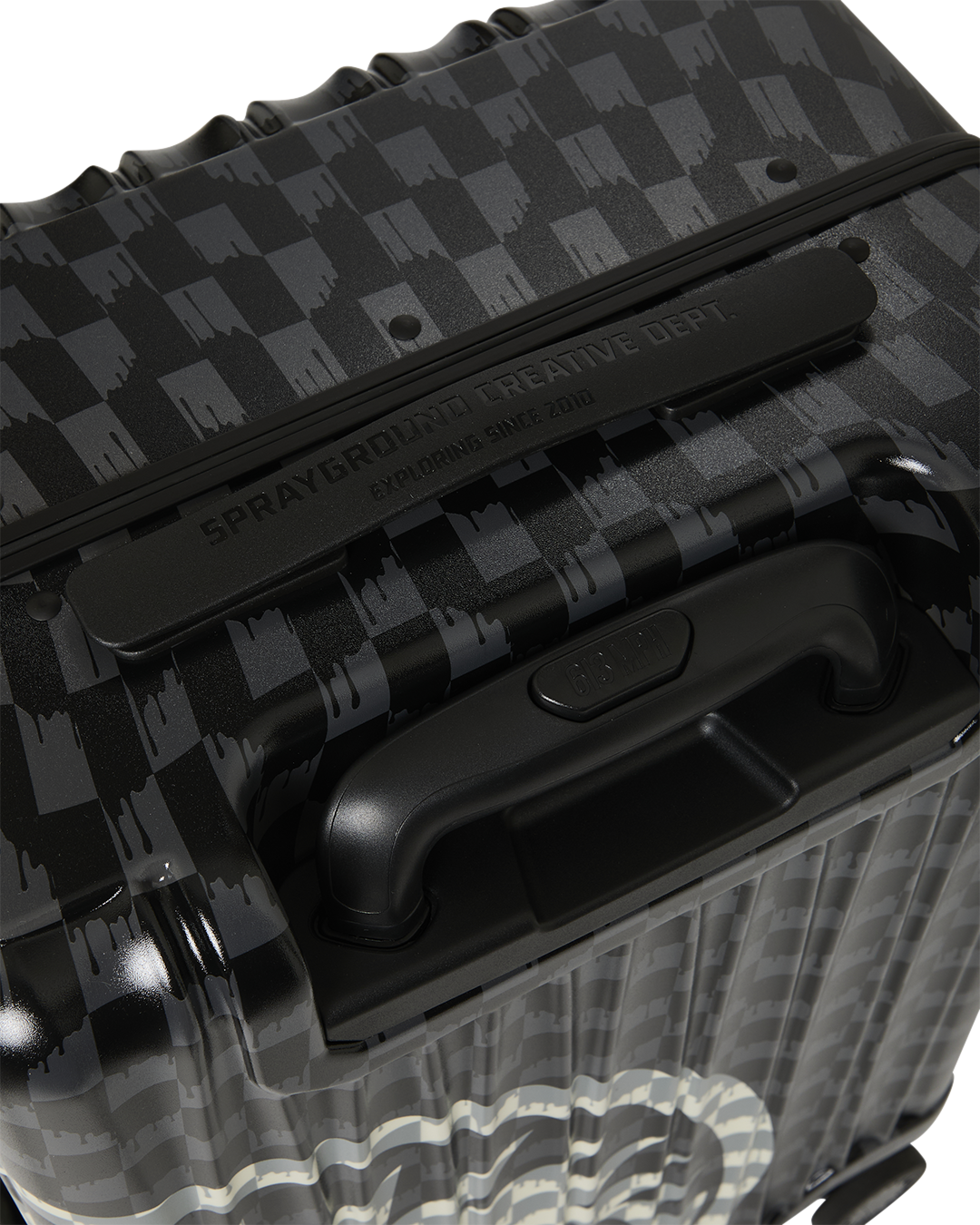 SPRAYGROUND® LUGGAGE BLACK AND WHITE DRIP CHECK SHARK CARRY-ON LUGGAGE