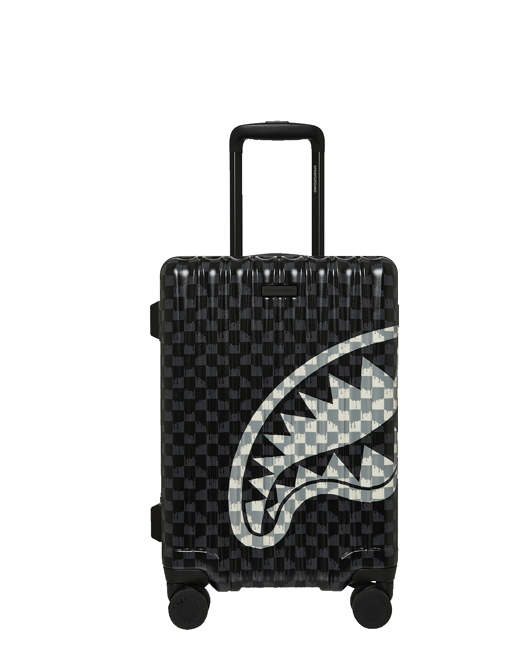 SPRAYGROUND® LUGGAGE BLACK AND WHITE DRIP CHECK SHARK CARRY-ON LUGGAGE