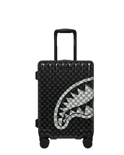 SPRAYGROUND® LUGGAGE BLACK AND WHITE DRIP CHECK SHARK CARRY-ON LUGGAGE