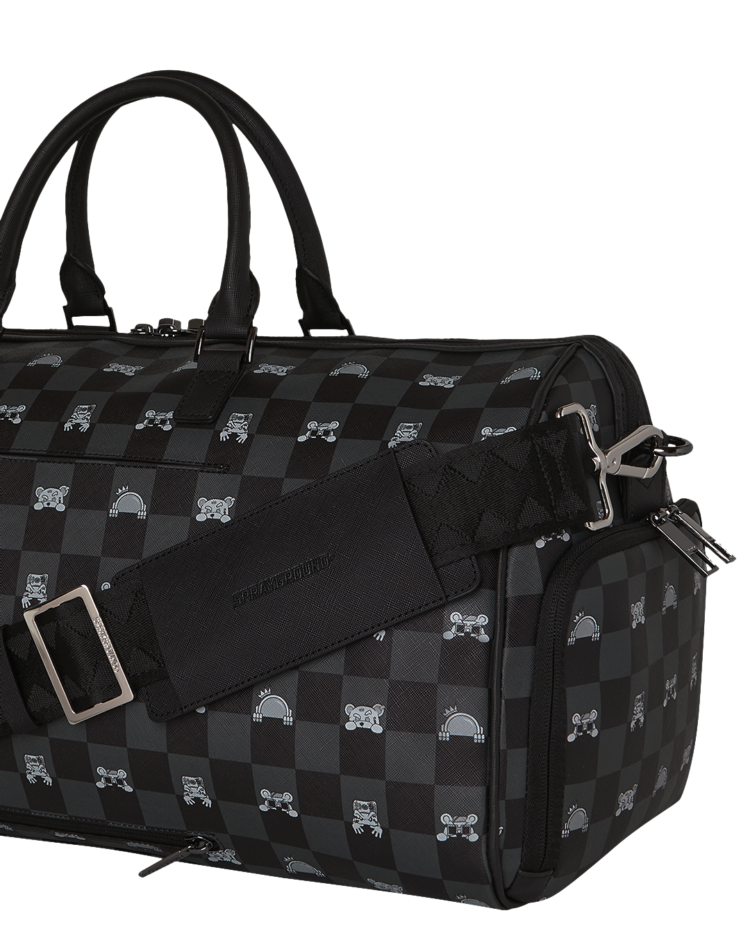 SPRAYGROUND® DUFFLE GRAY PEEKING CHARACTER CHECK DUFFLE
