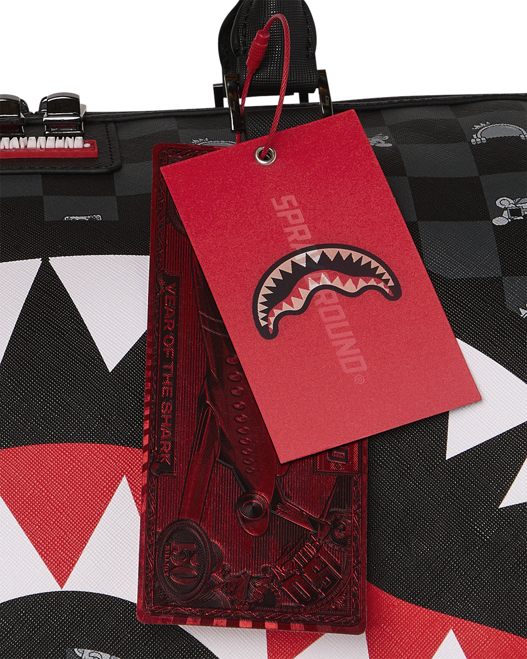 SPRAYGROUND® DUFFLE GRAY PEEKING CHARACTER CHECK DUFFLE