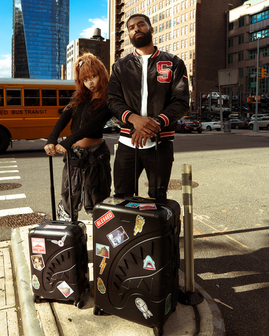 SPRAYGROUND® LUGGAGE CARGO PATCHES SHARKITECTURE CARRY-ON LUGGAGE BLACK WITH EXTRA STICKERS