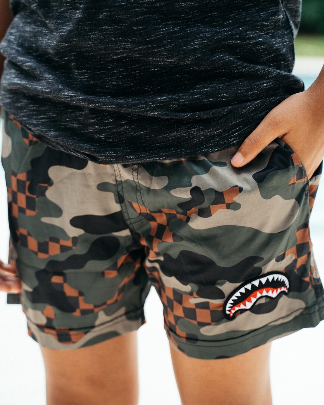 SPRAYGROUND® SWIM KIDS CAMO CHECKERED SWIM TRUNKS