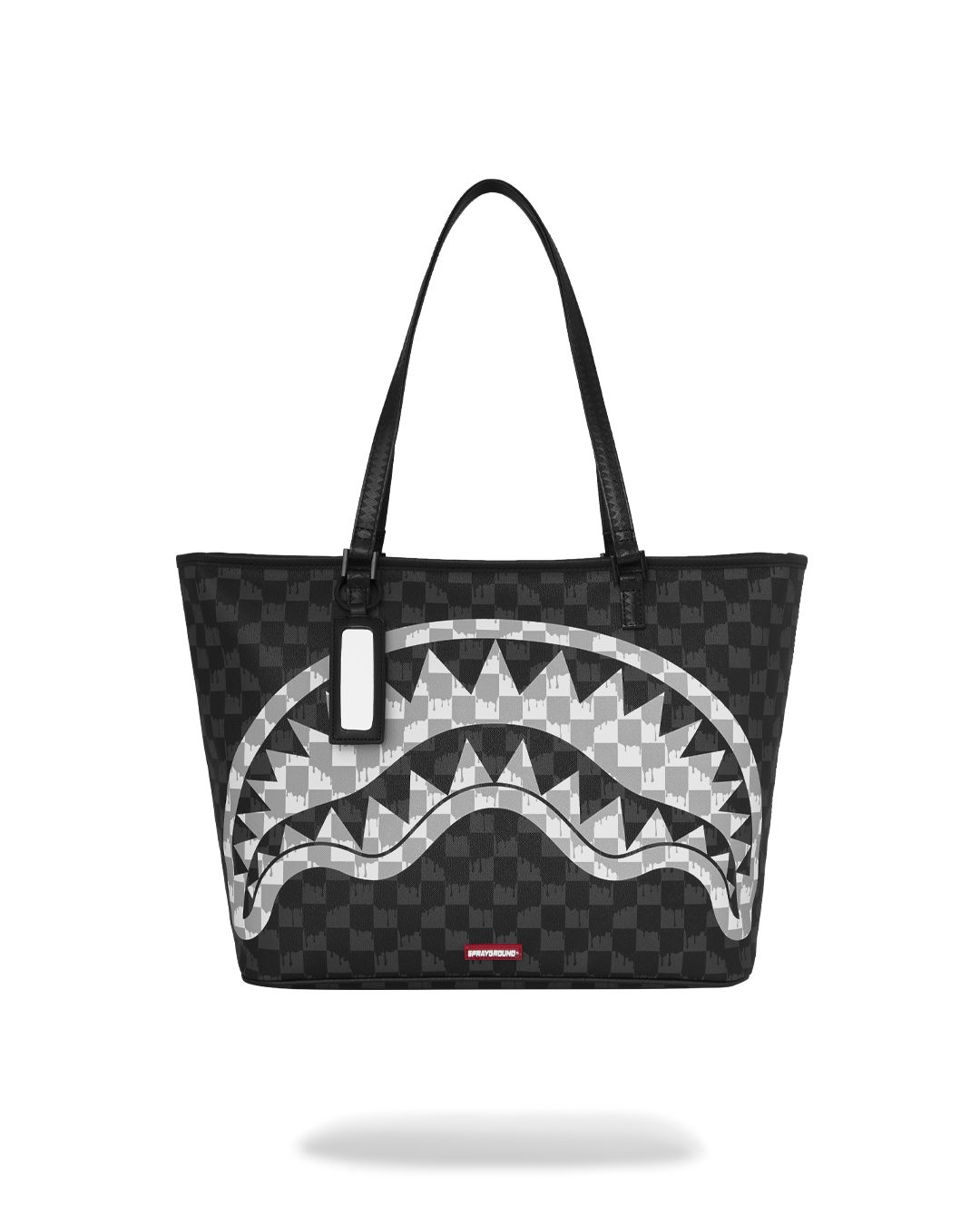SPRAYGROUND® TOTE BLACK AND WHITE DRIP CHECK SHARK TOTE