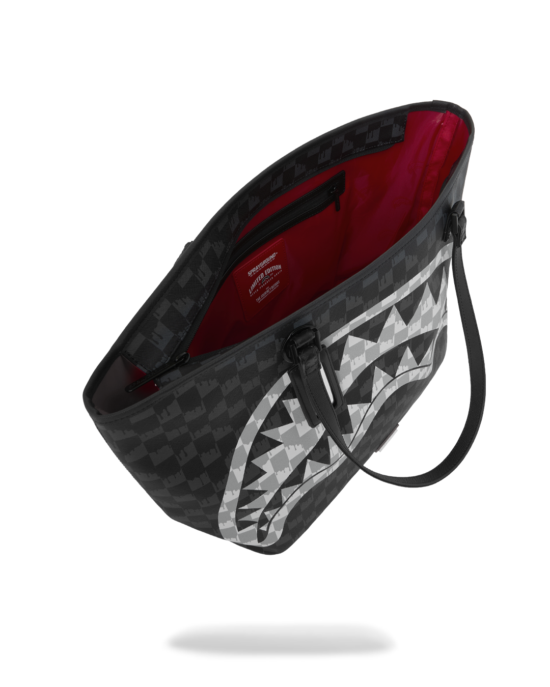 SPRAYGROUND® TOTE BLACK AND WHITE DRIP CHECK SHARK TOTE